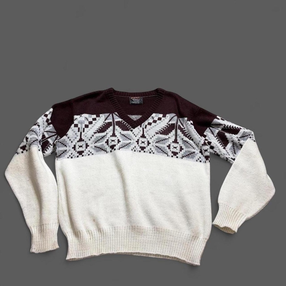 Vintage Esprit Campus Sweater Large Geometric V Neck 60s USA Preppy Ivy League